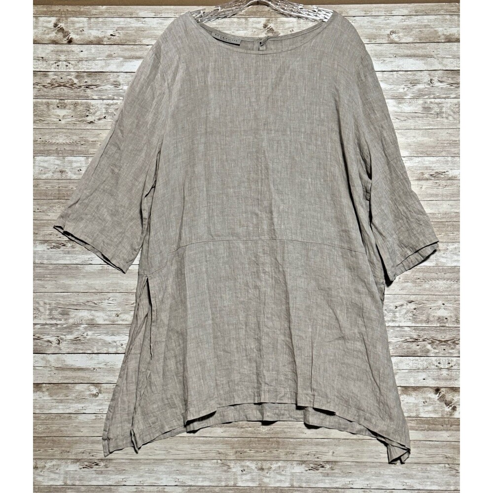 Bryn Walker Gray Linen Tunic Top Handkerchief Hem Lagenlook 3/4 Sleeve Sz XL
